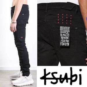 Ksubi Chitch Laid Black Jeans Men's Size 38 x 32 Slim Fit Red Logo Mid Rise